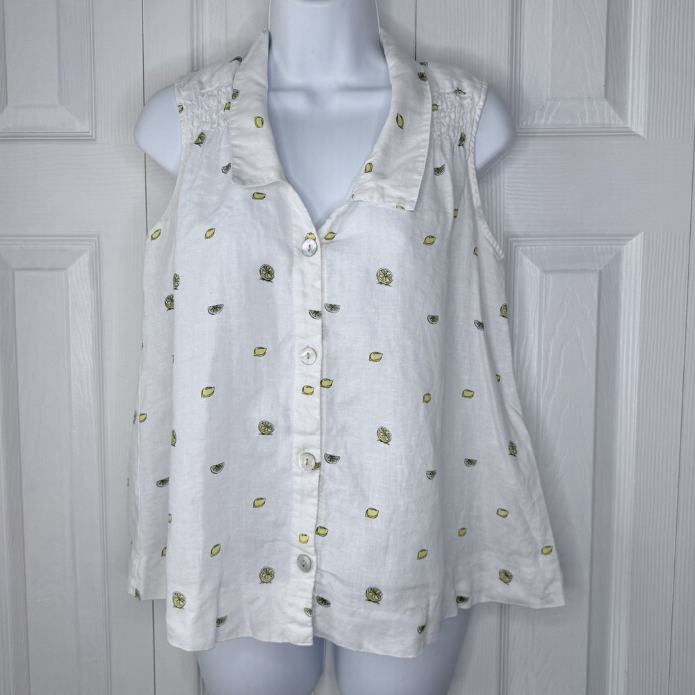 St. Tropez West Lemon Print White Button Down 100% Linen Sleeveless Top Size S